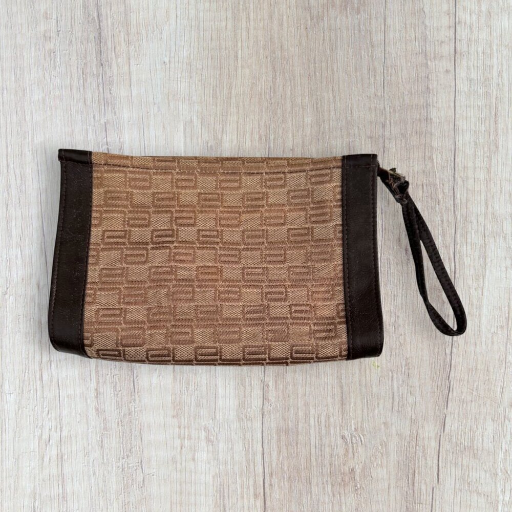 Estee Lauder Vintage Makeup Cosmetic Bag Jaquard Brown Geometric Wristlet Clutch
